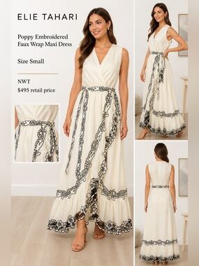 Elie Tahari Poppy Embroidered Faux Wrap
Maxi Dress Dessert Sand Sz 4/Small NWT
